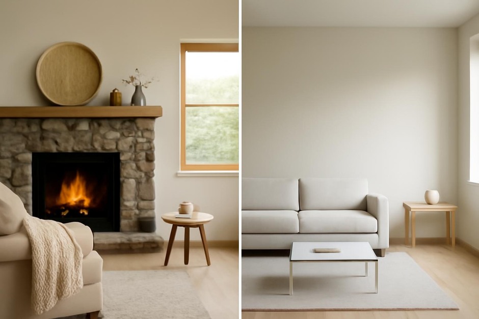 Cozy hearth scene beside a simple minimalist room