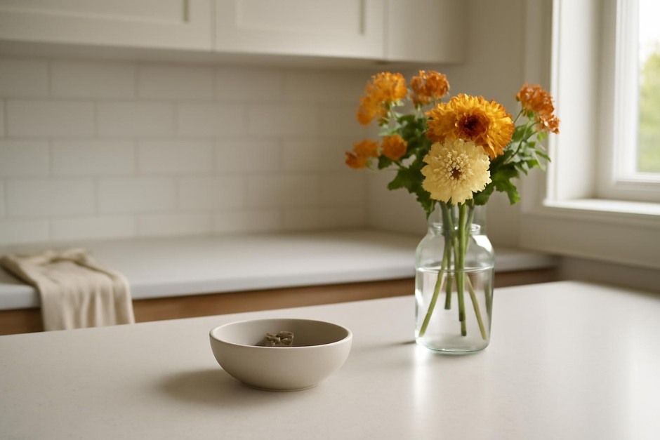 A tidy kitchen counter with a small bowl for keys and a vase of seasonal flowers