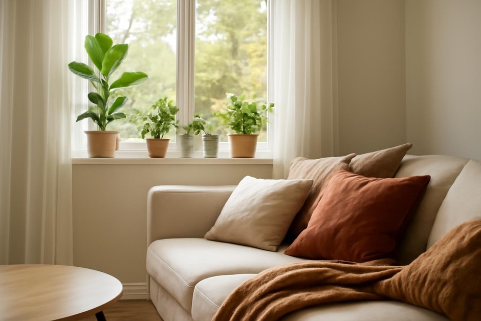 A bright living room with plants on a windowsill and layered cushions on a sofa